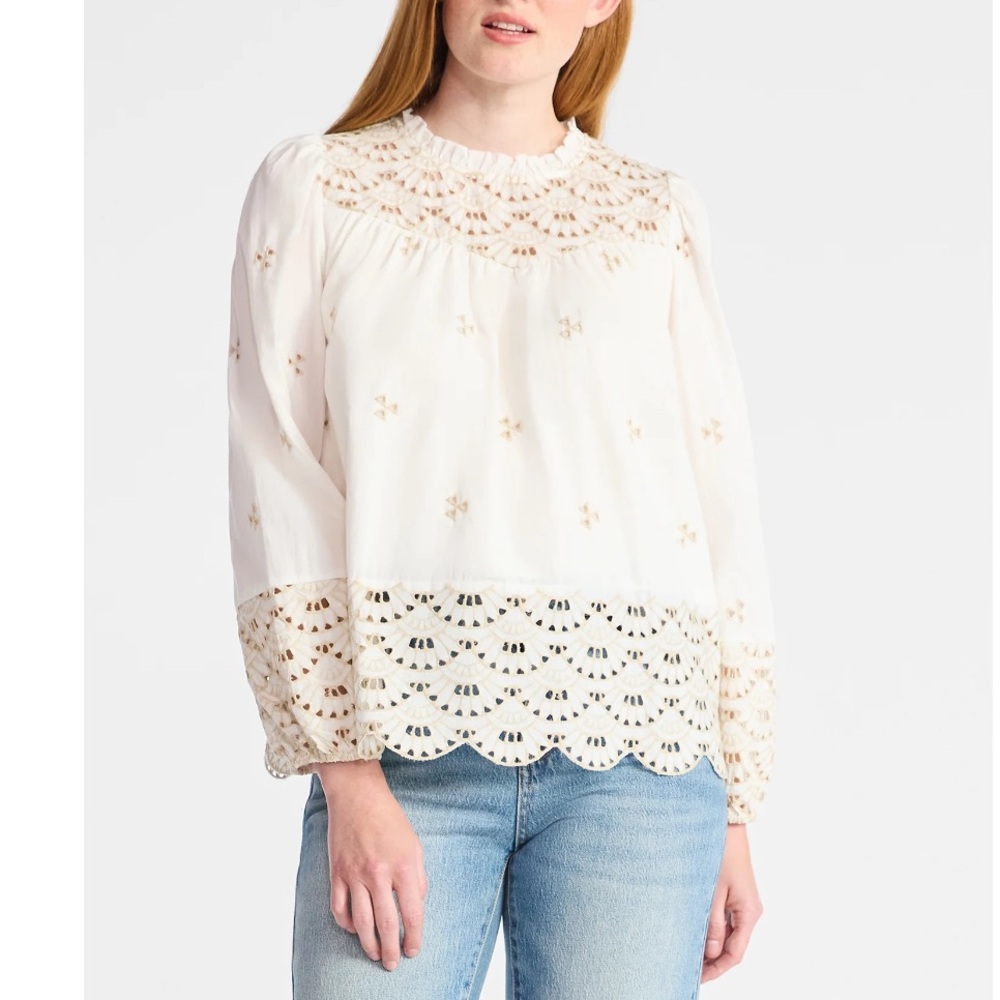 NWT Time and Tru White Cotton Eyelet Embroidered Blouse Top L
